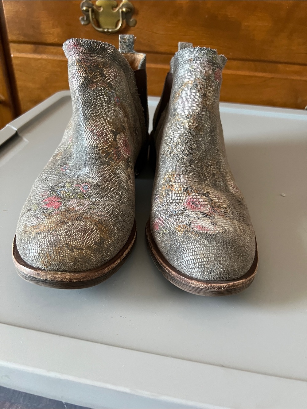 Sofft Metallic Gray Floral Chelsea Ankle Boots